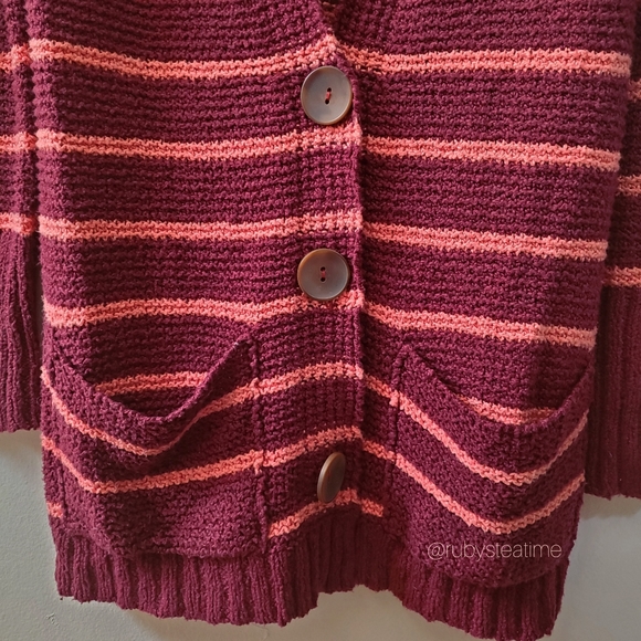 FREE PEOPLE BEACH - Long Cardigan, Stripe, Open Knit, Large Buttons - Picture 4 of 12